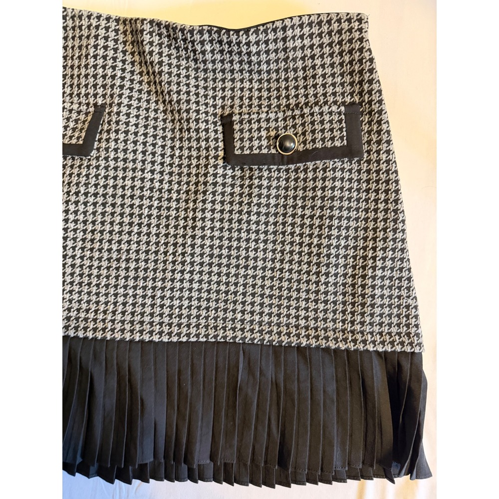 Kate Kasin XL Houndstooth Mini Skirt Black White Pleated Ruffle Hem Office Chic - Picture 4 of 7